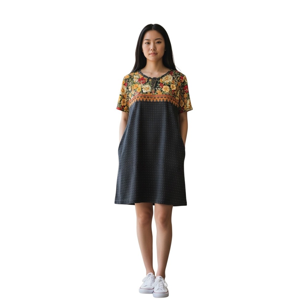 Farm Rio Floral Print Short Sleeve Shift Dress Black Gold Star Pockets Size P